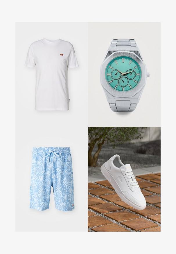Witte katoenen t-shirt met korte mouwen en een ronde hals. Bevat een klein kleurrijk logo op de linkerkant van de borst. Zachte textuur.; Lichtblauwe zwembroek met een wit abstract patroon, elastische tailleband en trekkoord. Logo aan de voorkant links en zijsplitten aan de zoom.; Witte Lacoste-sneaker met veters zwevend boven houten vierkante tegels en kleine grijze kiezelstenen, wazige achtergrond van een boom en een muur.; Zilveren horloge van roestvrij staal met een achthoekige kast, turkooizen wijzerplaat, drie subdials en een geborstelde metalen armband.