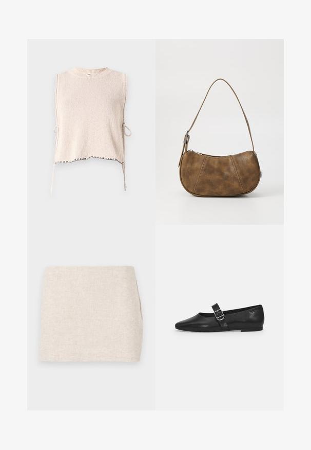 Strikket ærmeløs top i lys beige med rund hals og sidesnore. Har kontrasterende sort syning langs kanten. Blød tekstur.; Beige linnedyr med et minimalistisk design, der har en glat tekstur og en subtil vævning. Det har en lige, simpel skæring uden synlige lukninger.; Sorte læder flade sko med rund tå, et enkelt justerbart spænde og en glat, blank overflade. Minimalistisk design med en lav hæl.; Brun faux læder skuldertaske med en buet form, en enkelt strop, kontrasterende syninger og en lynlåslukning langs den øverste kant.