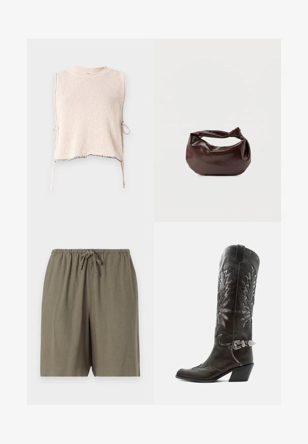 Strickärmelloses Oberteil in hellem Beige mit Rundhalsausschnitt und seitlichen Bändern. Verfügt über kontrastierende schwarze Nähte am Saum. Weicher Stoff.; Khaki-Shorts aus leichtem Stoff. Mit elastischem Bund und Kordelzug sowie einer komfortablen Passform. Schlichtes, einfarbiges Design.; Schwarzer Leder-Cowboystiefel mit dekorativen Ausschnitten, silberner Schnalle und schräger Ferse, auf weißem Hintergrund dargestellt.; Dunkelbraune Lederschultertasche mit weicher, lockerer Form und einem gedrehten Knotengriff vor schlichtem weißem Hintergrund.