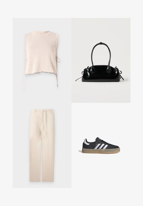 Top de punto sin mangas en beige claro con cuello redondo y lazos laterales. Presenta costuras en negro a lo largo del dobladillo. Textura suave.; Pantalones de lino beige con un diseño de pierna recta, que presentan un cierre de botón y una corbata de tela en la cintura, ofreciendo una apariencia ligera y texturizada.; Zapatilla deportiva de cuero negro con tres rayas plateadas, punta texturizada y suela de goma. Cuenta con un collar acolchado y un diseño con cordones.; Pequeño bolso negro brillante con dos asas largas y detalles de cordón lateral sobre un fondo claro liso.