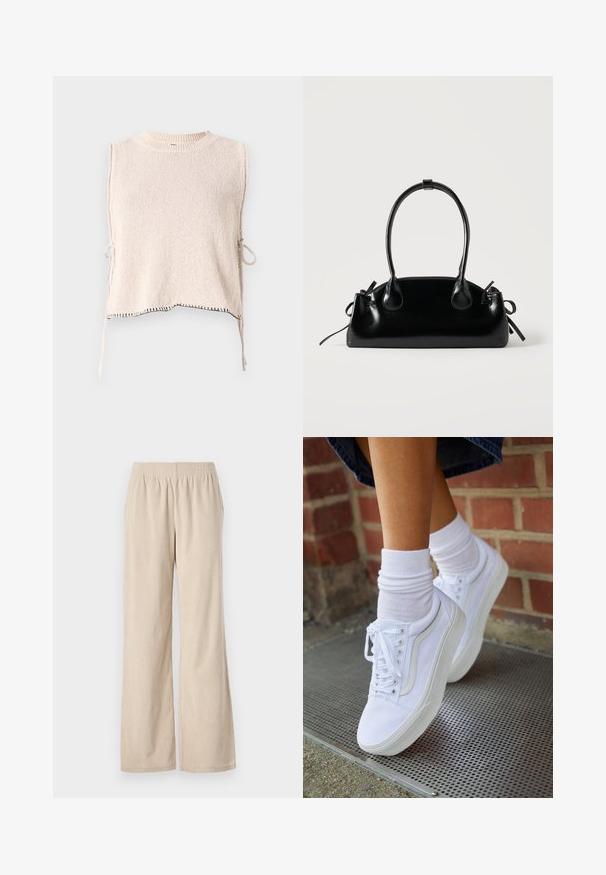 Débardeur en tricot sans manches beige clair avec un col rond et des liens sur les côtés. Présente des coutures noires contrastées le long de l'ourlet. Texture douce.; Pantalons larges en velours côtelé beige avec une taille élastique et une texture à côtes verticales, présentant un ourlet qui s'évase doucement au bas.; Baskets en toile blanches avec semelles en caoutchouc, dotées de six œillets, d'un bout rond et de détails de couture légers, portées avec des chaussettes blanches mi-mollet.; Petit sac à main noir brillant avec deux longues anses et des détails à cordon sur les côtés sur un fond clair uni.