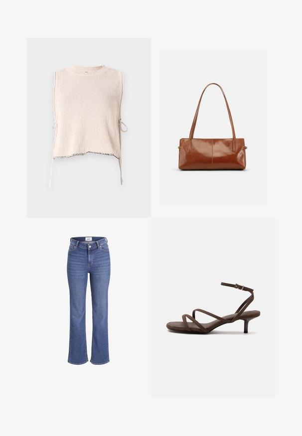 Strikket ærmeløs top i lys beige med rund hals og sidesnore. Har kontrasterende sort syning langs kanten. Blød tekstur.; Mørkeblå jeans i denim med høj talje, brede ben og et traditionelt fem-lomme design. Har synlig syning og lukning med en frontknap.; Brun højhælet sandal med tynde krydsede stropper og en ankelrem med en sølvspænde på en hvid baggrund.; Rektangulær brun læderhåndtaske med to lange skulderremme, glat blank finish og minimalistisk design på en ensfarvet baggrund.