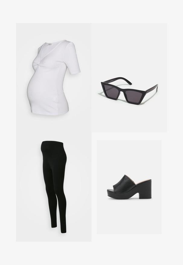 Even&Odd Maternity Camiseta básica - white; Leggings de maternidad negros con una cinturilla alta y de soporte, textura suave, diseño ajustado y sin patrones ni adornos visibles.; Las mulas de cuero negro con punta abierta cuentan con una amplia tira frontal y un chunky tacón alto con una textura suave. Se muestra la vista lateral.; Gafas de sol negras y angulares con lentes grises; fabricadas en plástico, con varillas gruesas de superficie suave y sin herrajes visibles.