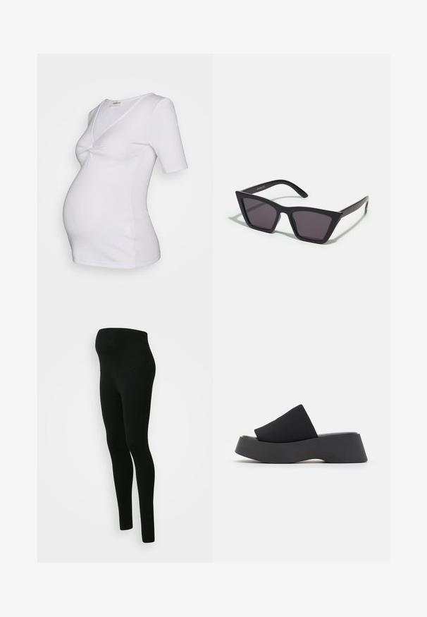 Even&Odd Maternity by Zalando Základné tričko - white; Čierne tehotenské legíny s vysokým, oporným pásom, hladkou textúrou, priliehavým strihom a bez viditeľných vzorov alebo ozdôb.; Call it Spring VENISE B.E.D FOAM - Šľapky na opätku - black; Čierne, ostré slnečné okuliare so sivými sklami; vyrobené z plastu, majú hrubé ramená s hladkým povrchom a bez viditeľnej mechaniky.