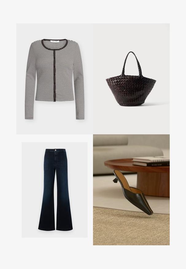 Cardigan à manches longues rayé noir et blanc à rayures horizontales, avec encolure ronde et fermeture à boutons à l'avant.; Jean large bleu foncé à taille haute, poches plaquées à l'avant, fermeture par bouton, sans usure visible ni ornements.; Mule en cuir noir avec un petit talon géométrique sur un tapis beige, près d'une table basse ronde en bois avec des livres empilés.; Sac cabas en cuir tressé marron foncé avec deux poignées et une forme trapézoïdale large posé sur une surface blanche.