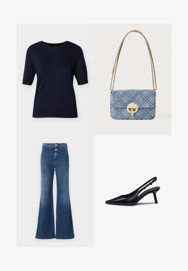 Navyblå kortærmet sweater med rund halsudskæring, ribstrikkede ærmekanter og kant forneden, lavet af et glat strikket stof. Ingen synlige mønstre eller detaljer.; Høj talje flared jeans i mellemblå denim med en falmet finish. Har lomme med klap og knaplukning. Renset kant.; Sorte slingback-hæle i laklæder med spids tå, slank hæl og justerbar rem med cirkulær detalje. Glat og skinnende finish.; Quiltet blå denim skuldertaske med guldfarvet kædestrop og rundt guldfarvet lukke på frontklappen.