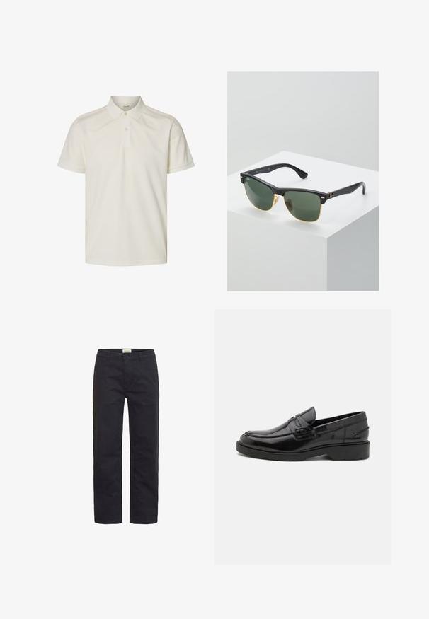 Kortærmet off-white poloshirt med to knapper og ribbet krave, vist på en ensfarvet hvid baggrund.; Sorte bomuldsbukser med lige ben-design, der har en frontlukning med knap, bæltestropper og minimal dekoration.; Sorte læder loafers med en glat finish, rund tå, lav hæl og dekorativ syning langs forsiden. Gummisål for godt greb.; Ray-Ban solbriller med grønne linser, sorte plastikstel og gyldne detaljer ved kanterne. Firkantet form med mat finish.