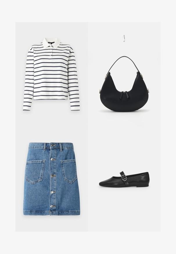 Langærmet polo-shirt i hvid med navy horisontale striber, med krave og tre-knaps placket. Fremstillet af bomuldsmateriale.; Deniks nederdel i en lys blå nuance med knappelukning fortil, to påsyede lommer og lige snit. Stoffet har en klassisk tekstur.; Sorte læder flade sko med rund tå, et enkelt justerbart spænde og en glat, blank overflade. Minimalistisk design med en lav hæl.; Sort læderhandtaske med en buet form, lynlåslukning, to sorte frynser og sølvhardware-detaljer, herunder en unik fastgørelsesdetalje.