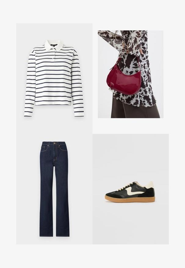 Langærmet polo-shirt i hvid med navy horisontale striber, med krave og tre-knaps placket. Fremstillet af bomuldsmateriale.; Mørkeblå denim jeans med lige ben, featuring en frontlukning med knap, fem lommer og kontrasterende syninger.; Sorte ruskinds- og lædersneakers med en cremefarvet side-swoosh og lys cremefarvet hæl. Har beige snørebånd og en gummirubber-sål.; Kvinde iført en sort- og hvidmønstret bluse, der holder en blank rød skuldertaske mod en ensfarvet baggrund.