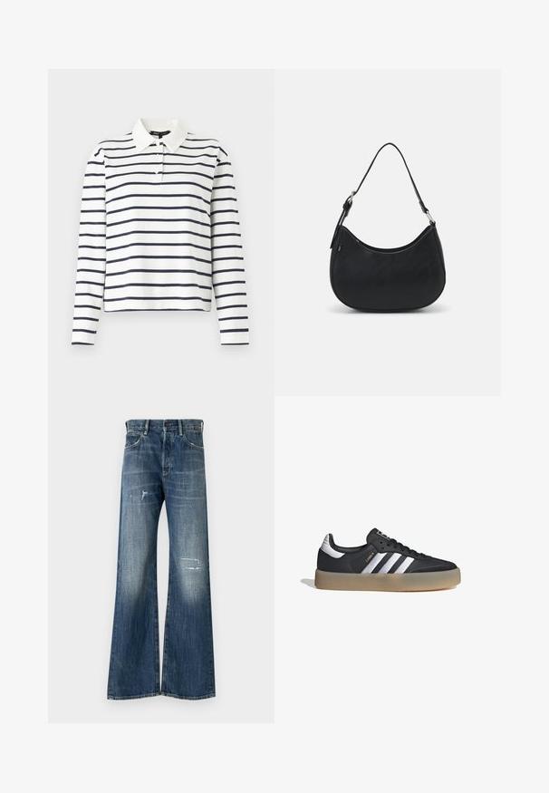 Camisa polo de manga larga en blanco con rayas horizontales en navy, con un cuello tipo polo y tapeta de tres botones. Material de algodón.; Pantalones vaqueros de pierna ancha en azul oscuro, con un diseño desgastado que incluye parches deshilachados y un ligero desvanecimiento. Estilo clásico de cinco bolsillos.; Zapatilla deportiva de cuero negro con tres rayas plateadas, punta texturizada y suela de goma. Cuenta con un collar acolchado y un diseño con cordones.; Bolso hobo negro hecho de cuero suave con una silueta curva, que cuenta con una sola correa ajustable y detalles de diseño minimalistas.
