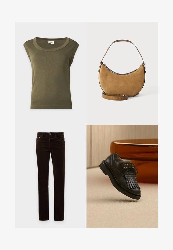 Haut en coton vert olive sans manches avec un large col rond et un ourlet cousu, présenté à plat sur un fond clair.; Pantalon en velours côtelé marron avec une coupe droite, doté d'une fermeture à bouton, de deux poches avant et d'un tissu doux au toucher.; Chaussure en cuir noire à lacets avec franges décoratives et clous métalliques posée sur un tapis beige près d'un meuble marron.; Sac à main croissant en daim marron avec une seule poignée et une bandoulière supplémentaire amovible texturée avec un petit détail en perle.