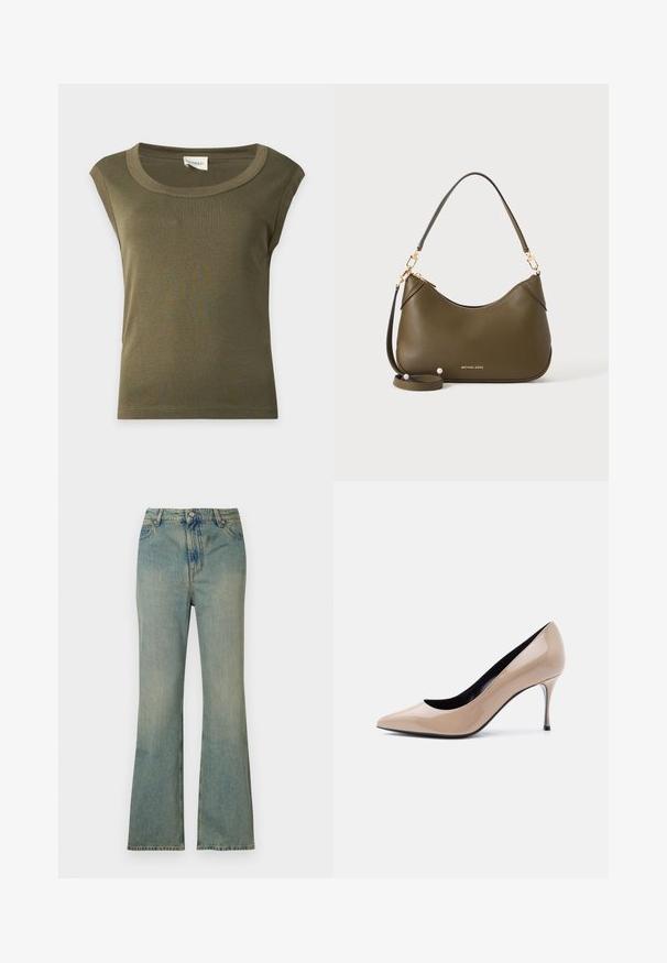 Mouwloze olijfgroene katoenen top met brede ronde halslijn en gestikte zoom, plat gelegd op een lichte achtergrond.; Lichtblauwe spijkerflared jeans met een hoge taille, vijf zakken en een rits. Schoon, vervaagd uiterlijk met subtiele stikdetails.; Beige lakleren pumps met een spits toelopende neus en een slanke naaldhak, met een zwarte voering, op een witte achtergrond.; Olijfgroene leren handtas met korte en lange banden, goudkleurige details en het Michael Kors-logo in goud vlak bij de onderkant op een effen achtergrond.