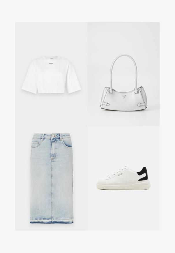 Valge lühikeste varrukatega puuvillane kropp T-särk, millel on laiad lühikesed varrukad. Esipaneelil on väike must "JOOP! Jeans" logo.; Helesinine denim midi seelik viie taskuga, sirge lõikega ja toores äärestusega. Klassikaline metallnupp ja lukuga sulgemine.; Valged nahast tennisetossud paksu valge tallaga, musta sametist kontsakeeuga ja külje peal riigilogo reljeefne kujundus. Lukkeskeem kuue silmaauguga.; Hõbe käekott, millel on struktureeritud disain, kahe sangaga, läikiva tekstuuriga, aksessuaaride detailidega ja kolmnurkse logoga esiküljel.