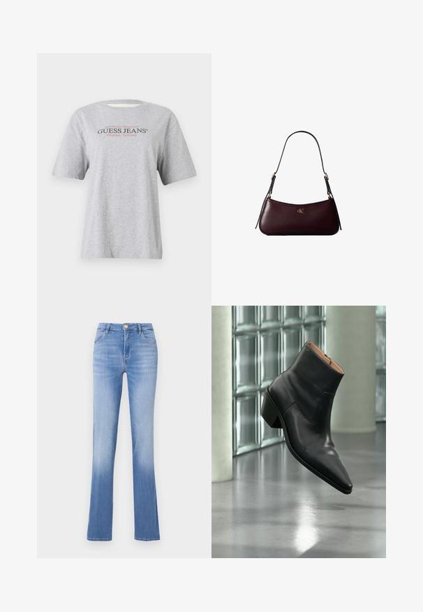 Šedé tričko s krátkym rukávom s textom "Americká tradícia GUESS JEANS® ORIGINÁLNE DIZAINY" v čiernom a červenom písmene.; Světle modré denimové džíny s rozšířeným střihem, designem s pěti kapsami a předním zapínáním na knoflík. Na lemu vybledlé pro gradientní efekt.; Čierna kožená členková obuv s ostrou špičkou a blokovým podpätkom vznášajúca sa nad odrazovou sivou podlahou pri stene zo sklenených blokov.; Tmavo bordová kožená kabelka s úzkym čiernym ramenným popruhom a malým zlatým logom "cK" v strede vpredu.