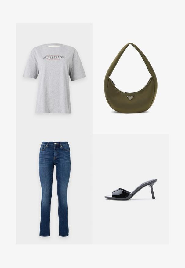 Grå kortærmet T-shirt med teksten "American Tradition GUESS JEANS® ORIGINAL DESIGNS" i sort og rød skrift.; Mørkeblå skinny jeans lavet af denim, med en standard talje, frontlommer og diskrete syninger.; Sorte laklæder sandaletter med åben tå, der har et buet overdesign og en spids stilethæl. Glat, blank finish.; Olivengrøn hobo-taske med en glat tekstur, buet form og et sølvfarvet trekantet logo. Har en lynlåslukning og en blød, tykk skulderrem.