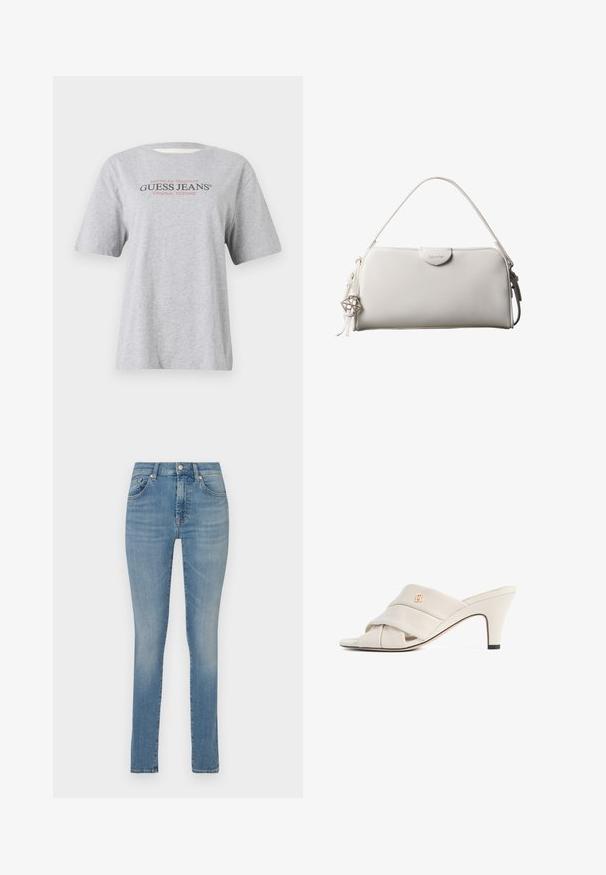 Grå kortærmet T-shirt med teksten "American Tradition GUESS JEANS® ORIGINAL DESIGNS" i sort og rød skrift.; Lyseblå denim skinny jeans med en mellemhøj talje, fem lommer, diskret vask og et lige ben. Har knappål og lynlås lukning.; Beige højhælede mules med et snoet læderstropdesign, åben tå og præget logoaccent. Hælen har en sort spidsdetalje.; Hvid rektangulær Calvin Klein håndtaske med enkelt håndtag, minimalistisk design og dekorative kvaster med geometrisk metalvedhæng på siden.