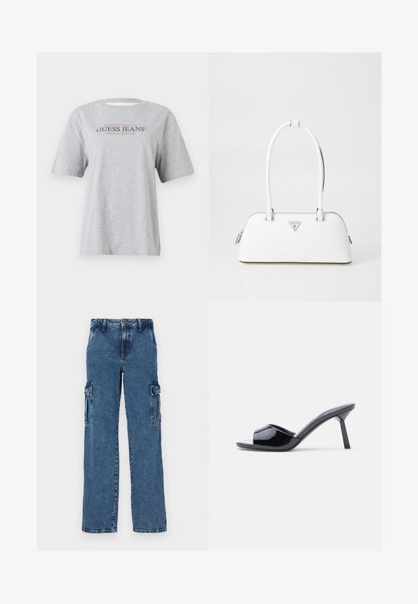 Camiseta gris de manga corta con el texto "Tradición Americana GUESS JEANS® DISEÑOS ORIGINALES" en letras negras y rojas.; Pantalones cargo de denim azul con un ajuste relajado, que cuentan con dos bolsillos laterales, costuras reforzadas y un diseño de pierna recta.; Sandalias de tacón con punta abierta de charol negro, con un diseño superior curvado y tacón de aguja cónico. Acabado liso y brillante.; Bolso de cuero blanco con forma curva, que presenta un logo triangular plateado y cierre de cremallera. Textura lisa y dos asas.