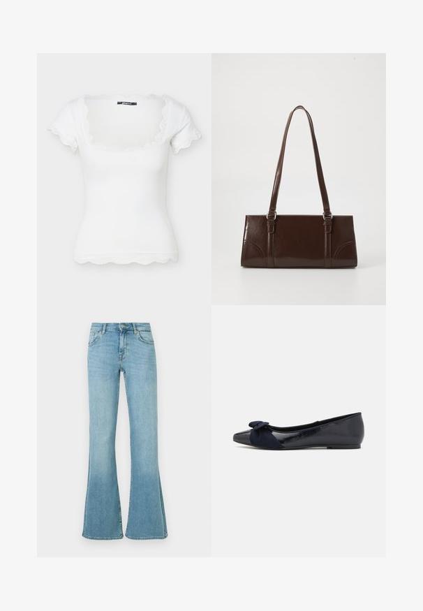Hvid tætsiddende kortærmet top med firkantet halsudskæring og delikat blondekant på halsudskæring, ærmer og kant.; Lyseblå denimjeans med høj talje, knap- og lynlåslukning foran, lommer foran og bagpå samt vidde i benene.; Marineblå balletflade med en blank patentfinish og en struktureret ruskindsløkke på tåen, der har en rund tå og flad sål.; Brun lakeret håndtaske med rektangulær form, to lange håndtag og subtile buede detaljer på fronten.
