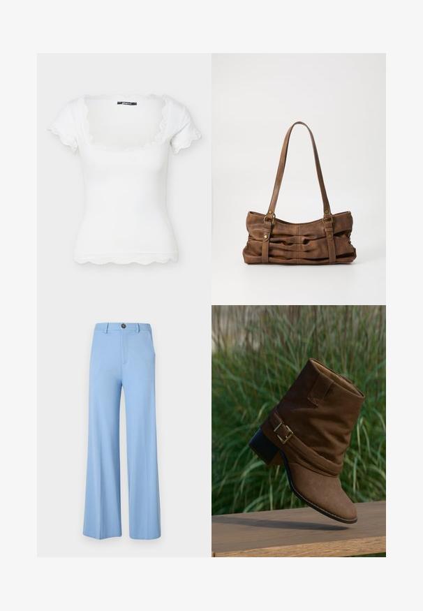 Haut blanc ajusté à manches courtes avec un décolleté carré et une délicate bordure en dentelle sur le col, les manches et l'ourlet.; Pantalon large bleu clair en tissu lisse, équipé d'une fermeture à bouton et de poches avant. Design épuré et ajusté sans motifs.; Bottine en daim marron avec un design plié, une boucle dorée en accent, et un talon noir texturé, posée sur un fond vert flou.; Even&Odd Sac à main - brown