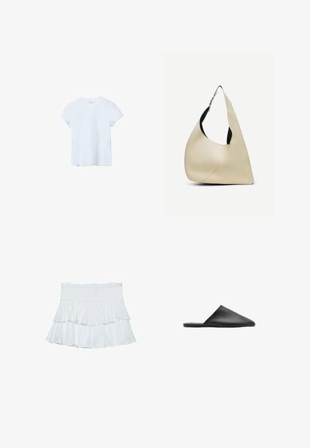T-shirt uni bleu clair à manches courtes et col rond, étalé à plat sur un fond blanc.; Jupon blanc à plusieurs niveaux en tissu doux et léger. Il présente une taille smockée et des volants fluides qui créent du volume et du mouvement.; Chaussure en cuir noir à enfiler, avec un bout pointu et une texture lisse, présentant un design minimaliste et une semelle plate.; Sac à bandoulière en cuir lisse couleur crème, de forme triangulaire arrondie, avec une sangle réglable et une boucle en argent.