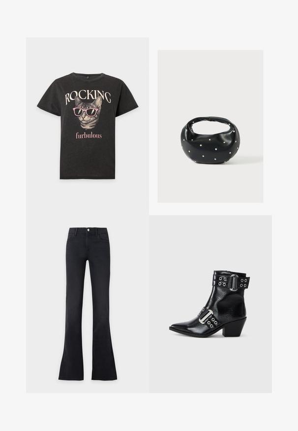 T-shirt noir avec un chat portant des lunettes de soleil roses et les mots "ROCKING" au-dessus et "furbulous" en dessous du graphisme du chat.; Jeans noirs taille haute flare avec bouton sur le devant et poches, présentés sur un fond clair uni.; Bottine en cuir noir à bout pointu, avec des accents en boucle argentée et deux sangles avec œillets. Talon bas pour une meilleure stabilité.; Sac à main en cuir noir de forme arrondie, décoré de clous argentés et équipé d'une poignée courte. Texture lisse et fermeture éclair.