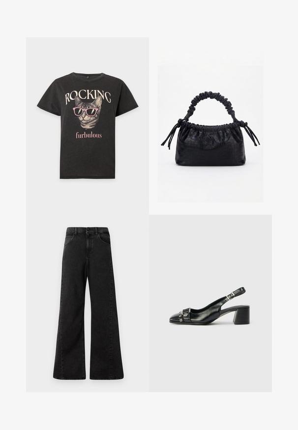 Zwart T-shirt met een kat die roze zonnebrillen draagt en de woorden "ROCKING" boven en "furbulous" onder de kattenafbeelding.; Hoge taille zwarte denim jeans met een wijdere pijpdesign, met voorzakken en een knoopsluiting bij de taille.; Zwart leren slingback hak met een spitse neus, eenTextuur strap met cirkelvormige metalen accenten en een gestapelde blokhak.; Zwarte handtas met krokodillenstructuur, geplooide bovenrand, samengevoerde handgreep en koordtassels aan elke kant tegen een witte achtergrond.