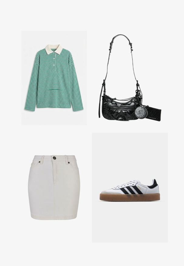 Grøn- og hvidstribet langærmet polo med hvid krave og tre hvide knapper på fronten.; Hvid denim miniskørt med høj talje, frontknapper og lynlås, bæltestropper og to forlommer.; Hvide lædersneakers med sorte striber, gummirubber sål, rund tå, snørelukning og blød grå ruskinds tåhætte.; Sort syntetisk læder håndtaske med en buet design, lynlåslomme foran og dekorativ hardware med en aftagelig rund møntpung.