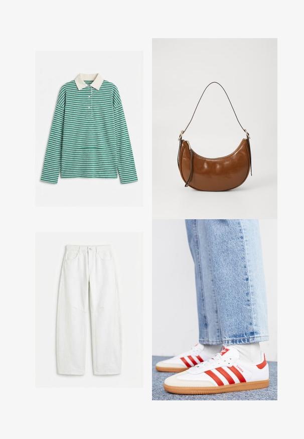 Polo à manches longues rayé horizontal vert et blanc avec col blanc et trois boutons blancs sur la patte de boutonnage avant.; Jean blanc à jambes droites avec poches avant, passants pour ceinture, fermeture par bouton et détails de coutures visibles.; Baskets en cuir blanc avec des rayures et des accents rouges. Dotées d'une semelle extérieure en gomme texturée et d'un col rembourré. Portées avec un jean en denim bleu clair.; Sac en cuir synthétique marron avec un design incurvé, fermeture zippée et une seule sangle marron. Texture lisse avec une finition brillante et un matériel minimal.