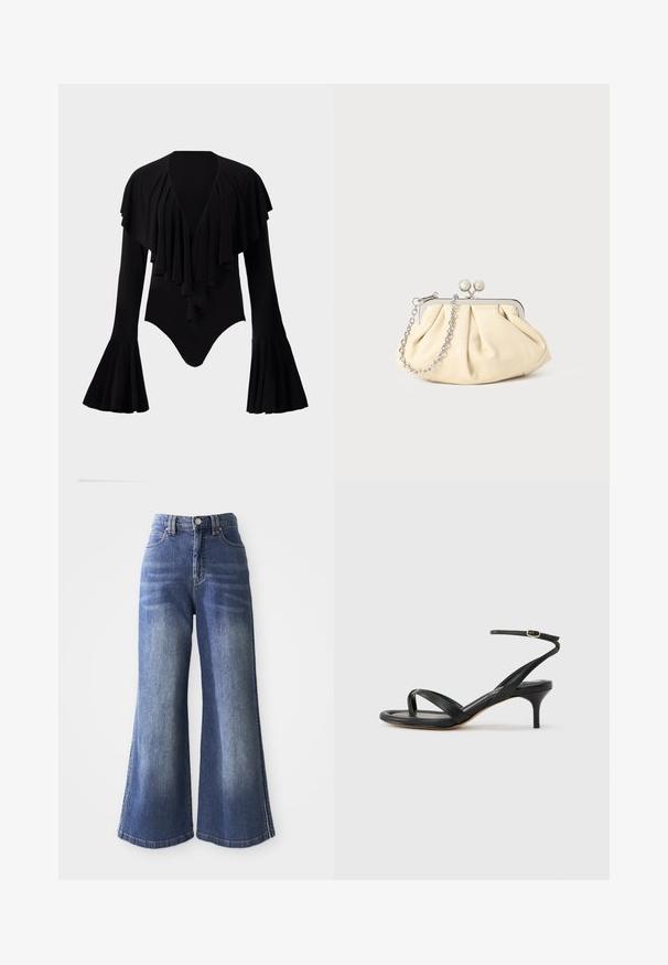 Bodysuit noir à manches longues avec un décolleté en V profond, un design à volants superposés sur la poitrine et des manches évasées. Tissu lisse et extensible.; Jean en denim à jambe large dans un bleu moyen, présentant une taille haute, un design à cinq poches et des coutures contrastées le long des ourlets et des côtés.; Sandale pour femme en cuir noir avec fines lanières, une boucle d'orteil, une boucle à la cheville et un talon aiguille de hauteur moyenne sur un fond neutre.; Pochette en cuir beige plissé avec un cadre en métal argenté, dotée de deux fermoirs ronds décoratifs et d'une chaîne en argent.