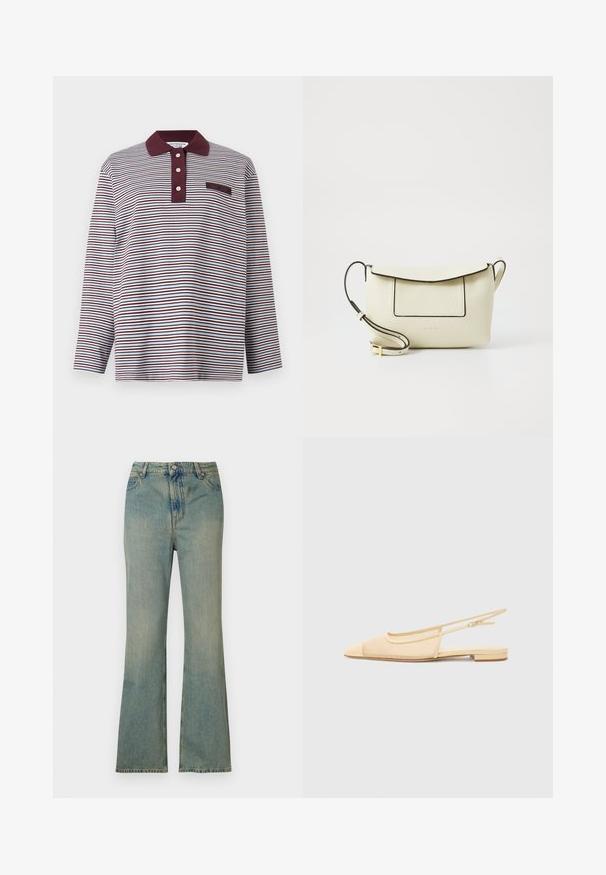 Langærmet poloshirt med hvide og mørkelilla vandrette striber, mørkelilla krave, tre hvide knapper og lille brystemblem.; Lysblå denim flare jeans med høj talje, fem lommer og lynlås. Ren, falmet finish med subtile syninger.; Slingback fladsko i lys beige med en mesh-overdel, spids tå og en lav hæl. Har en justerbar strop for bedre pasform.; Creme lædertaske med struktureret overflade, sort kant, en frontlomme og justerbar rem. Lukningen har et klapdesign.