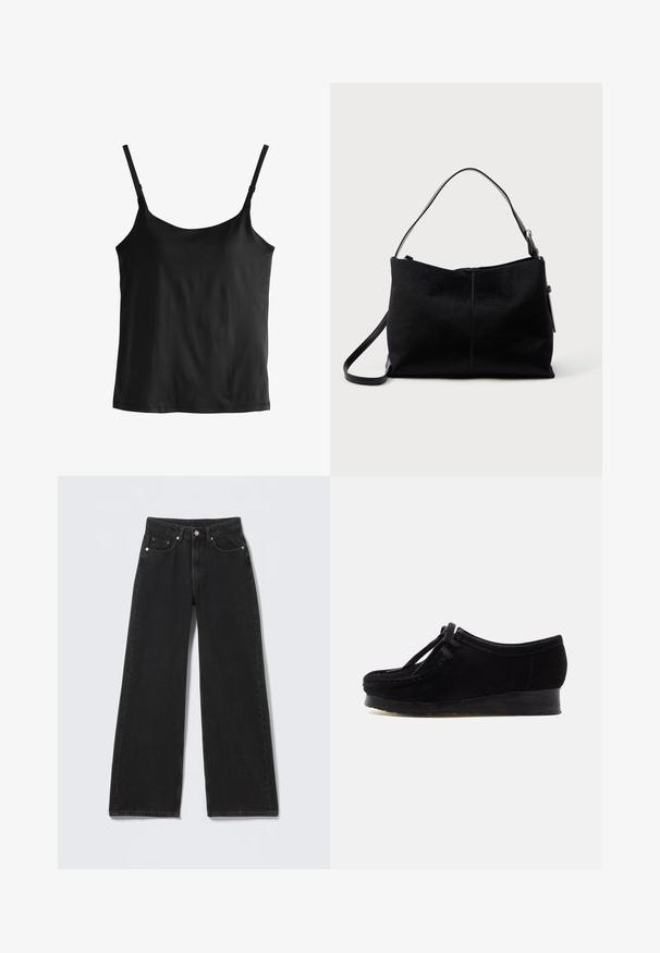 Top negro sin mangas tipo camisola con tirantes delgados ajustables y dobladillo recto.; Vaqueros negros de tiro alto y pierna ancha con cierre delantero de botón y cremallera, trabillas para cinturón y cinco bolsillos delanteros sobre un fondo claro.; Zapato de ante negro con puntera redondeada, costura en el borde y detalle de cordones. Presenta una suela de goma tipo cuña baja para mayor comodidad.; Bolso negro de hombro con una superficie lisa y texturizada, con una única correa y un cierre de cremallera en la parte superior. Forma rectangular compacta.