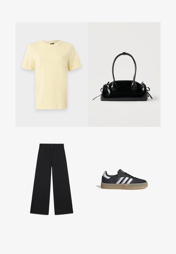 Camiseta amarilla de manga corta hecha de algodón suave, con un cuello redondo y una textura lisa, sin patrones ni acentos visibles.; Pantalones anchos negros hechos de una suave tela tejida. Presentan pliegues marcados, trabillas para el cinturón y un acabado limpio y ajustado.; Zapatilla deportiva de cuero negro con tres rayas plateadas, punta texturizada y suela de goma. Cuenta con un collar acolchado y un diseño con cordones.; Pequeño bolso negro brillante con dos asas largas y detalles de cordón lateral sobre un fondo claro liso.