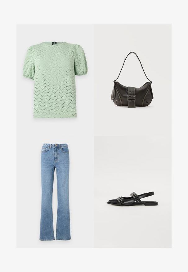 Lichtgroene blouse met korte mouwen met een chevron-oogjespatroon en pofmouwen, ronde hals en elastische manchetten.; Lichtblauwe denim jeans met een flare-pasvorm, hoge taille en minimale hardware. Kenmerken zijn de klassieke vijfzak-stijl en subtiele stiksels.; Even&Odd by Zalando Slingback ballerina´s - black; Zwarte leren schoudertas met gespsluiting aan de riem, afgeronde hoeken en contrasterende witte stiksels op een effen achtergrond.