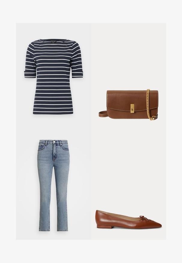 Marineblauw kort mouw shirt met witte horizontale strepen en een ronde hals.; Lichtblauwe denim jeans met een hoge taille, rechte pijpen en subtiele vervaging. Bevat een metalen knoop en contrasterende stiksels.; Bruine leren platte schoen met puntige neus, klein strikdetail bovenop en lage hak tegen een effen lichte achtergrond.; Bruine leren clutch met gouden kettingriem en rechthoekige gouden sluiting met een klein geperst logo op de voorflap.