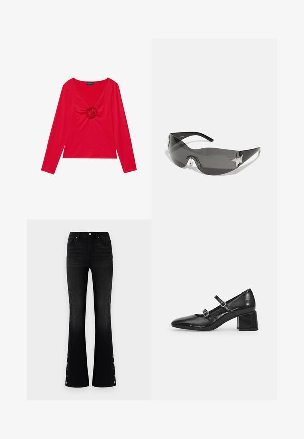 Top rojo de manga larga con escote en V y un detalle central de rosa. Fabricado en un tejido suave con una silueta ajustada. Etiqueta de la marca visible en el escote.; ONLY ONLWAUW MID WAIST FLARED - Vaqueros a campana - washed black; Zapatos Mary Jane de charol negro con punta afilada, dos correas ajustables y tacón cuadrado grueso. Textura suave y acabado brillante.; Gafas de sol negras con diseño envolvente, lentes oscuros, acentos brillantes en forma de estrella y almohadillas nasales ajustables.