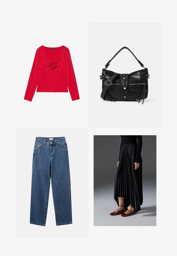 Rød langærmet top med V-hals og en central rose detalje. Fremstillet af glat stof med en tætsiddende silhuet. Brandmærke synligt ved halsudskæringen.; Klassiske blå denimbukser med lige ben, fem lommer og knaplukning. Har en medium vask og en robust tekstur.; Sort plisseret nederdel med en høj-lav kant, parret med glansfulde røde flade sko med en remdesign. Stoffet har en glat overflade.; Even&Odd H24462 - Håndtasker - black