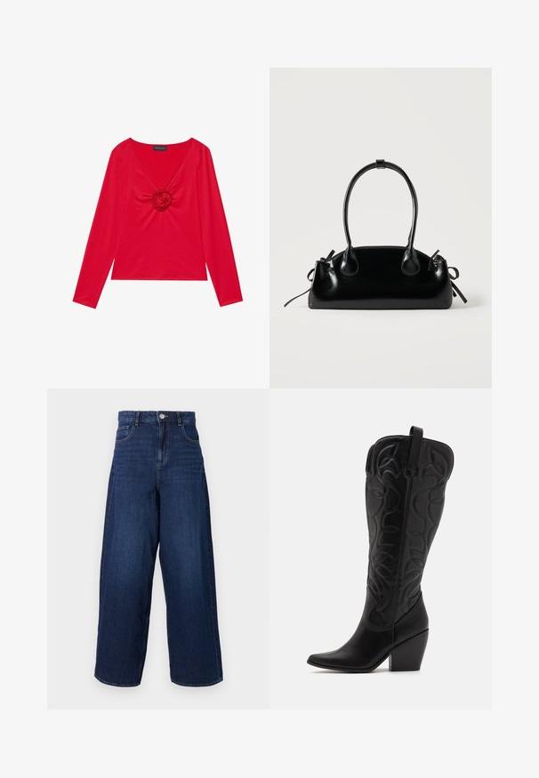 Haut rouge à manches longues avec un décolleté en V et un détail central en rose. Fabriqué en tissu lisse avec une silhouette ajustée. Étiquette de marque visible au niveau de l'encolure.; Jean en denim bleu foncé à jambes larges, taille haute, cinq poches et fermeture à bouton. Le tissu a une texture lisse avec un léger délavage.; Bottes hautes en cuir noir jusqu'aux genoux avec bout pointu et talon empilé. Caractéristiques de coutures décoratives et éléments de design courbés.; Petit sac à main noir brillant avec deux longues anses et des détails à cordon sur les côtés sur un fond clair uni.