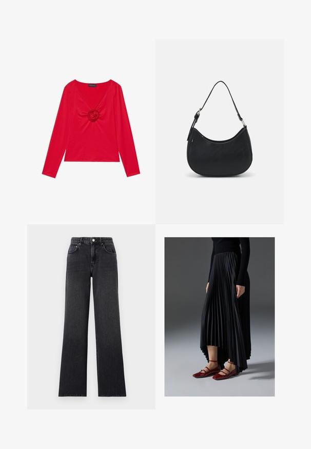 Rød langærmet top med V-hals og en central rose detalje. Fremstillet af glat stof med en tætsiddende silhuet. Brandmærke synligt ved halsudskæringen.; Blå brede benjeans lavet af denim, med høj talje, bælteløkker og klassisk fem-lomme design med kobberdetaljer.; Sort plisseret nederdel med en høj-lav kant, parret med glansfulde røde flade sko med en remdesign. Stoffet har en glat overflade.; Sort hobo taske lavet af glat læder med en buet silhuet, der har en enkelt justerbar skulderrem og minimalistiske designdetaljer.