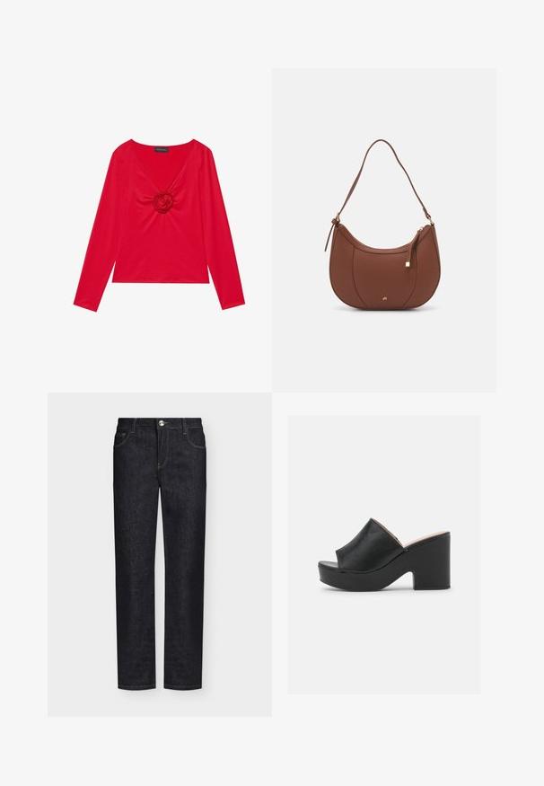 Top rojo de manga larga con escote en V y un detalle central de rosa. Fabricado en un tejido suave con una silueta ajustada. Etiqueta de la marca visible en el escote.; Vaqueros negros de pitillo recto con bolsillos delanteros, trabillas para cinturón y cierre de botón sobre un fondo liso.; Las mulas de cuero negro con punta abierta cuentan con una amplia tira frontal y un chunky tacón alto con una textura suave. Se muestra la vista lateral.; Bolso de hombro de imitación cuero marrón con forma curva, costura mínima y un acento de hardware en tono dorado. Presenta un cierre de cremallera en la parte superior y una correa ajustable.
