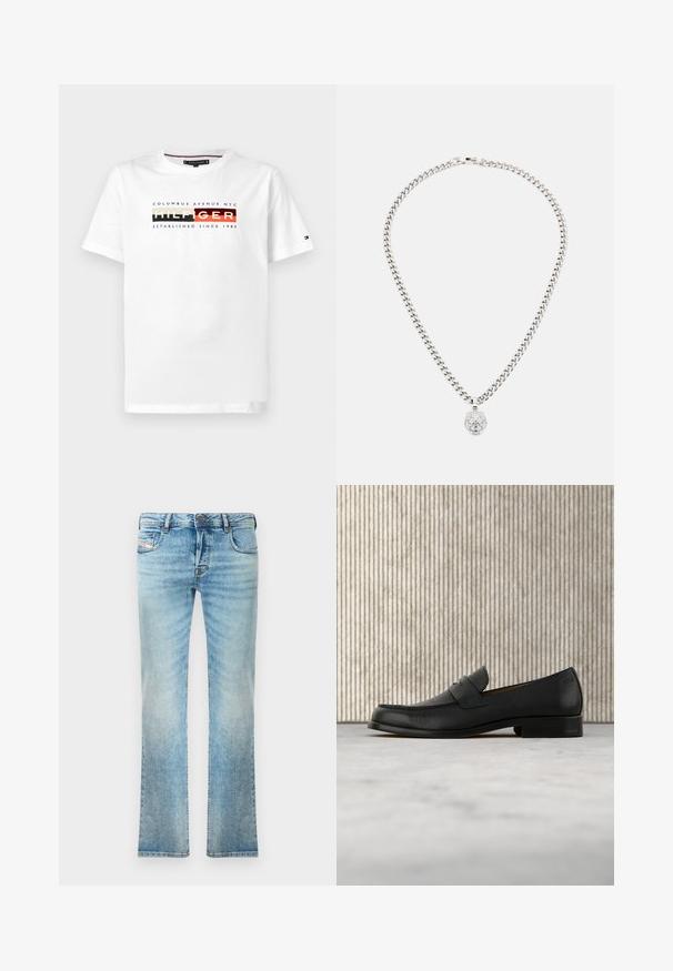 Hvid kortærmet bomulds T-shirt med "Hilfiger" tekst i blokfarver, "Columbus Avenue NYC" ovenover, og "Etableret siden 1985" nedenfor.; Lysblå denimjeans med lige ben, femlommesdesign og let slid. Inkluderer metalknap og lynlås lukning.; Sort lædersko i loafer-stil svæver over et beige tæppe med et blankt brunt rundt bord i baggrunden.; Sølv kædedyse med et lion-hoved vedhæng, som har udsøgt detaljering, glitrende accenter og et klassisk kæde-design.