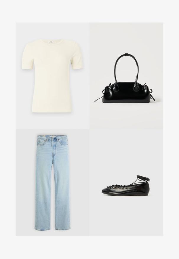 Haut crème à manches courtes côtelé avec col rond et coupe ajustée, présenté sur un fond clair uni.; Jean en denim bleu clair avec une coupe droite, comportant cinq poches, une fermeture éclair classique et des accents de couture visibles.; Ballerines en cuir verni noir avec un bout rond, un design à lacets et une semelle plate. Texture lisse avec peu de détails.; Petit sac à main noir brillant avec deux longues anses et des détails à cordon sur les côtés sur un fond clair uni.