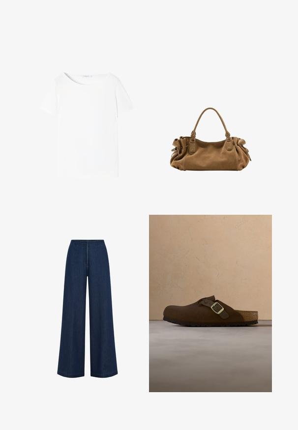 Weißes T-Shirt mit kurzen Ärmeln und rundem Halsausschnitt, aus glattem Stoff gefertigt, mit minimalistischem Design und ohne sichtbare Muster oder Verzierungen.; Weite, dunkelblaue Jeans mit geradem Schnitt, aus Denim gefertigt. Verfügt über einen hohen Bund und subtile Nahtdetails. Keine sichtbaren Metallteile.; Brauner Slipper aus Wildleder mit geflochtenem Riemen und einer metallischen Schnalle, ausgestattet mit einer geformten Innensohle und einer strukturierten Gummisohle.; Weiche braune Wildlederhandtasche mit einem einzelnen oberen Griff und gesammelten Seitendetails, die durch Ledergriffe und Metallringe gesichert sind.