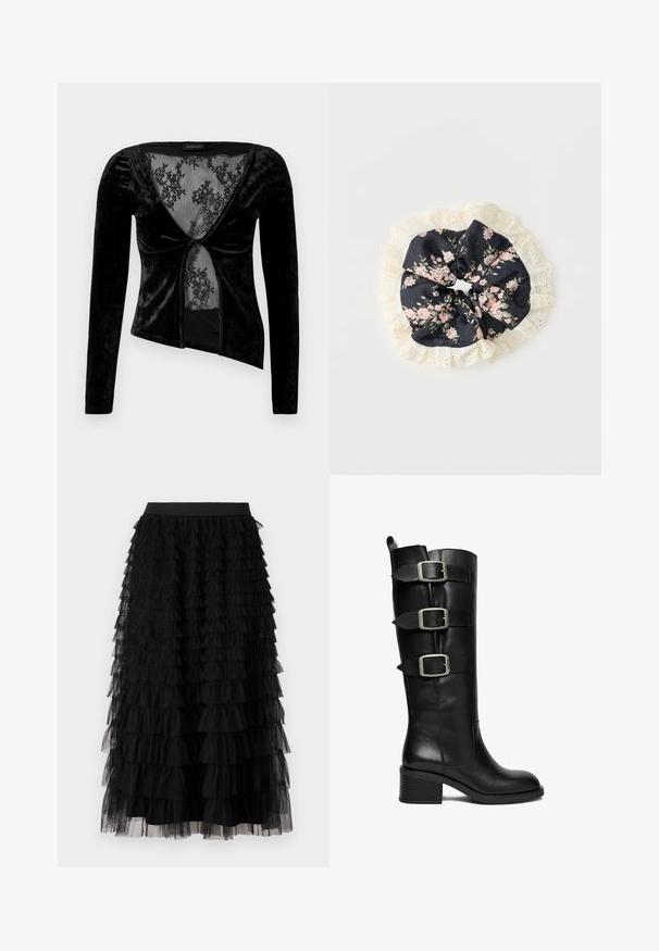 Schwarzes Samtoberteil mit langen Ärmeln und tiefem Ausschnitt, mit einer Spitzenapplikation und verdrehtem Frontdetail. Glatte Textur, taillierte Passform.; Vero Moda VMNAJA Mid waist Long - Maxirock - black; Schwarzer kniehoher Lederstiefel mit drei verstellbaren silbernen Schnallen und einem niedrigen Blockabsatz vor weißem Hintergrund.; Schwarzer Stoff-Scrunchie mit rosa-grünem Blumenmuster, umgeben von cremefarbener Spitzenborte mit Lochstickerei, auf weißem Hintergrund.