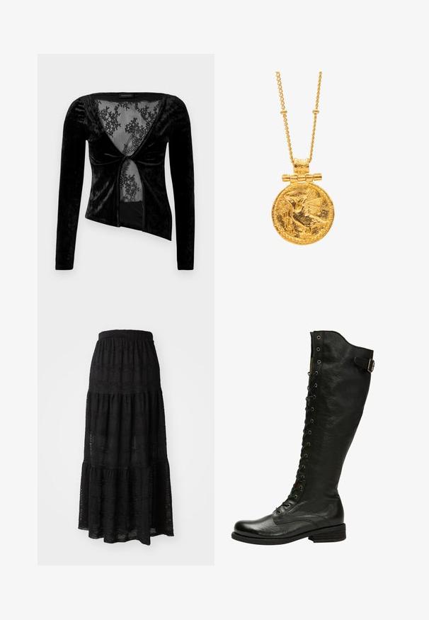 Haut en velours noir à manches longues avec un décolleté plongeant, présentant un insert en dentelle et un détail en front tordu. Texture lisse, design ajusté.; Jupe maxi noire en tissu texturé, avec un design à volants, une taille froncée et de subtils motifs ondulés sur l'ensemble.; Botte en cuir noir hauteur genou avec un laçage à l'avant, œillets en métal argenté et boucle sur le côté. Présente une finition texturée et un talon empilé.; Collier pendentif en or avec un design de oiseau gravé, présentant une forme ronde et une chaîne torsadée. Surface texturée et détail de charnière centrale.