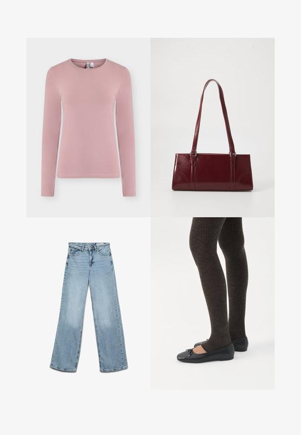 Langærmet, rundhalset, lyserød damebluse med et enkelt, glat stof vist mod en ensfarvet hvid baggrund.; Lyseblå højtaljede jeans med vide ben, knap- og lynlås-lukning, for- og baglommer samt bæltestropper.; Ben iført mørke ribbede leggings kombineret med sorte balletsko med små sløjfedetaljer på hvid baggrund.; Bordeaux håndtaske lavet af glansfuldt materiale, rektangulær form, med to skulderremme og subtile buede detaljer på forsiden.