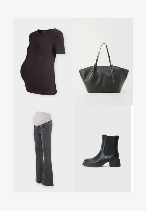 T-shirt de maternité noir côtelé à manches courtes avec un col rond, conçu pour s'adapter à un ventre de femme enceinte.; Jean de maternité avec une taille élastique grise ajustée, des jambes évasées et une finition en denim gris foncé, présentant des coutures standard et des poches.; Bottine en cuir noir avec panneaux latéraux élastiques, bout rond et petit talon en bloc. La surface a une texture lisse et un minimalisme dans les détails.; Vero Moda VMDITTA - Cabas - black