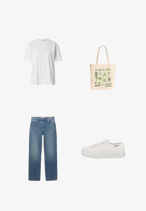 Witte katoenen T-shirt met een ronde hals, korte mouwen en een losse pasvorm. Eenvoudig ontwerp zonder zichtbare patronen of accenten.; Lichtblauwe denim jeans met een rechte snit, vijf zakken en koperen hardware. De stof heeft een lichte vervaging en een gladde textuur.; Witte canvas sneakers met een gestructureerde rubberen zool, vetersluiting en zilveren oogjes. Bevat een klein logo aan de zijkant.; Canvas draagtas met illustraties van verschillende groene kamerplanten in potten en de tekst "HOUSE PLANTS" onderaan in het midden.