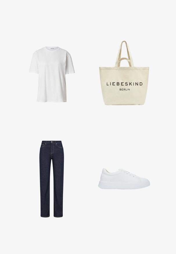 Weißes Baumwoll-T-Shirt mit rundem Ausschnitt, kurzen Ärmeln und lockerer Passform. Einfaches Design ohne sichtbare Muster oder Akzente.; Dunkelblaue Jeans mit geradem Bein, Vordertaschen, Gürtelschlaufen und Knopfverschluss in der Taille.; Weiße Leder-Sneaker mit runder Zehenpartie, flachen Schnürsenkeln und einer dicken Gummisohle. Glatte Oberfläche mit minimalen Nähdetails.; Beige Canvas-Einkaufstasche mit zwei Griffpaaren und dem Schriftzug "LIEBESKIND BERLIN" in Schwarz auf der Vorderseite gedruckt.