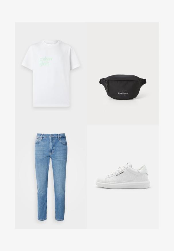Hvid bomulds t-shirt med korte ærmer. Har et lysegrønt "calvin klein" logo trykt foran. Standard crew neck design.; Lys blå denim jeans med lige snit, fem-lomme design og subtilt slid. Har knaplukning og bæltestropper.; Hvide sneakers lavet af glat læder med prægede mønstre. Har rund tå, snørebånd foran og struktureret sål. Sølvlogo detalje på siden.; Sort bæltetaske lavet af slidstærk nylon, med en lynlåslomme og broderet logo. Kompakt og strømlinet design. Justerbar rem.