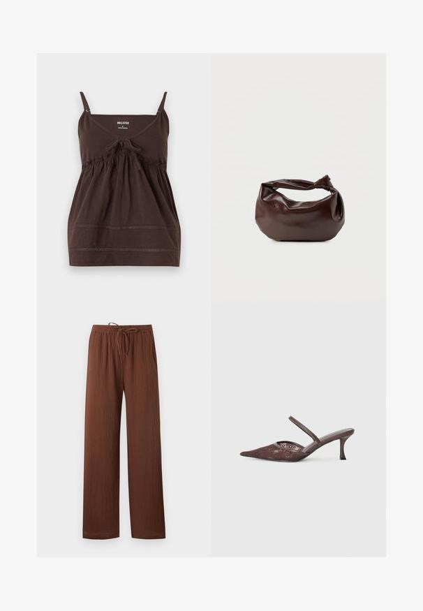 Top marron sans manches avec fines bretelles, nœud à l'avant, taille froncée et bordure en dentelle discrète près de l'ourlet, taille small par Hollister.; Pantalon marron texturé coupe ample avec une taille élastique et un cordon ajustable, jambes droites et poches latérales.; Chaussure à bride arrière en dentelle marron avec un bout pointu et une fine sangle, présentant un motif floral subtil et un talon aiguille étroit.; Sac bandoulière en cuir marron foncé avec une forme souple et décontractée et une anse nouée torsadée sur un fond blanc uni.